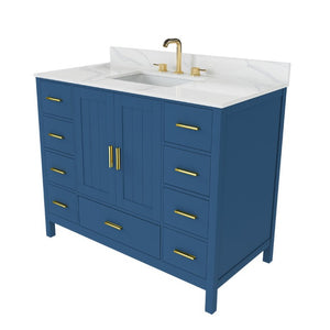 English Elm 42 Inch Bathroom Vanity with Carrara Quartz Top Nine Drawers and Gold Hardware Blue 3 Holes W2699S00133