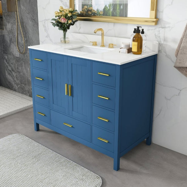 English Elm 42 Inch Bathroom Vanity with Carrara Quartz Top Nine Drawers and Gold Hardware Blue 3 Holes W2699S00133