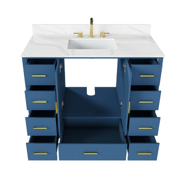 English Elm 42 Inch Bathroom Vanity with Carrara Quartz Top Nine Drawers and Gold Hardware Blue 3 Holes W2699S00133