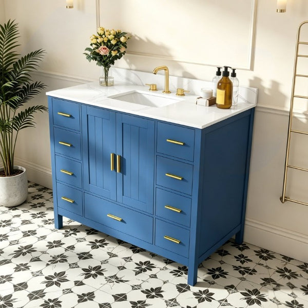 English Elm 42 Inch Bathroom Vanity with Carrara Quartz Top Nine Drawers and Gold Hardware Blue 3 Holes W2699S00133