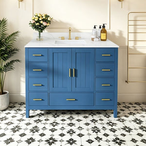 English Elm 42 Inch Bathroom Vanity with Carrara Quartz Top Nine Drawers and Gold Hardware Blue 3 Holes W2699S00133