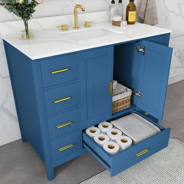 English Elm 42 Inch Bathroom Vanity with Carrara Quartz Top Nine Drawers and Gold Hardware Blue 3 Holes W2699S00133