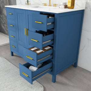 English Elm 42 Inch Bathroom Vanity with Carrara Quartz Top Nine Drawers and Gold Hardware Blue 3 Holes W2699S00133