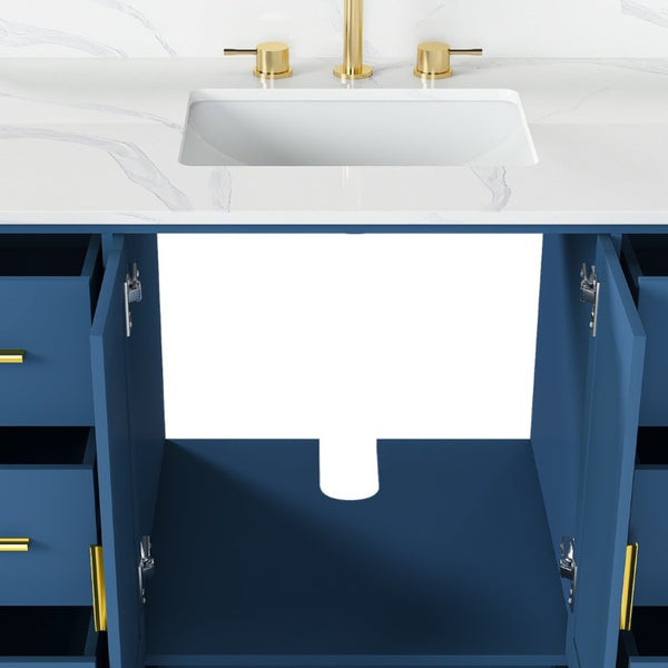 English Elm 42 Inch Bathroom Vanity with Carrara Quartz Top Nine Drawers and Gold Hardware Blue 3 Holes W2699S00133