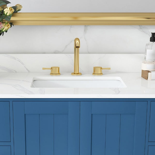 English Elm 42 Inch Bathroom Vanity with Carrara Quartz Top Nine Drawers and Gold Hardware Blue 3 Holes W2699S00133