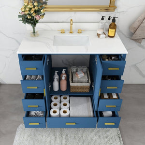 English Elm 42 Inch Bathroom Vanity with Carrara Quartz Top Nine Drawers and Gold Hardware Blue 3 Holes W2699S00133