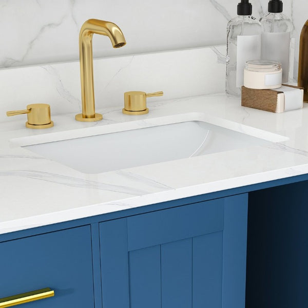 English Elm 42 Inch Bathroom Vanity with Carrara Quartz Top Nine Drawers and Gold Hardware Blue 3 Holes W2699S00133