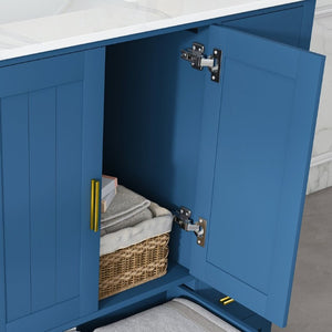 English Elm 42 Inch Bathroom Vanity with Carrara Quartz Top Nine Drawers and Gold Hardware Blue 3 Holes W2699S00133