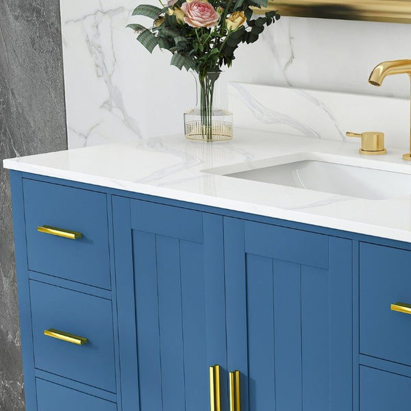 English Elm 42 Inch Bathroom Vanity with Carrara Quartz Top Nine Drawers and Gold Hardware Blue 3 Holes W2699S00133
