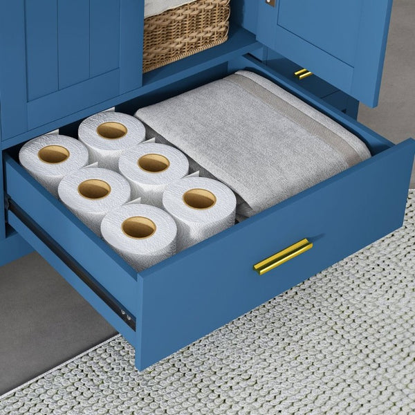 English Elm 42 Inch Bathroom Vanity with Carrara Quartz Top Nine Drawers and Gold Hardware Blue 3 Holes W2699S00133