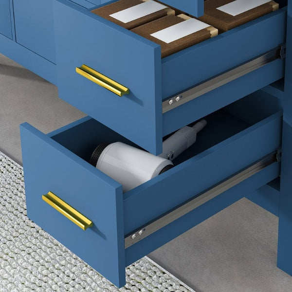 English Elm 42 Inch Bathroom Vanity with Carrara Quartz Top Nine Drawers and Gold Hardware Blue 3 Holes W2699S00133