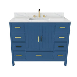 English Elm 42 Inch Bathroom Vanity with Carrara Quartz Top Nine Drawers and Gold Hardware Blue 3 Holes W2699S00133