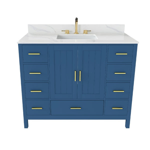 English Elm 42 Inch Bathroom Vanity with Carrara Quartz Top Nine Drawers and Gold Hardware Blue 3 Holes W2699S00133
