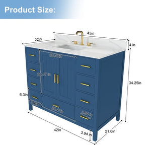 English Elm 42 Inch Bathroom Vanity with Carrara Quartz Top Nine Drawers and Gold Hardware Blue 3 Holes W2699S00133