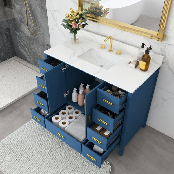 English Elm 42 Inch Bathroom Vanity with Carrara Quartz Top Nine Drawers and Gold Hardware Blue 3 Holes W2699S00133