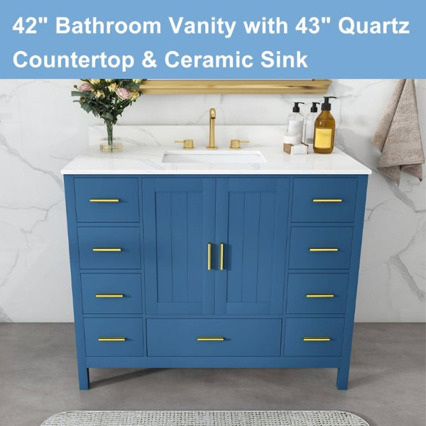 English Elm 42 Inch Bathroom Vanity with Carrara Quartz Top Nine Drawers and Gold Hardware Blue 3 Holes W2699S00133