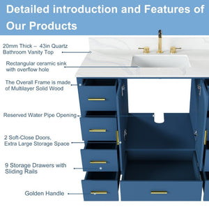 English Elm 42 Inch Bathroom Vanity with Carrara Quartz Top Nine Drawers and Gold Hardware Blue 3 Holes W2699S00133