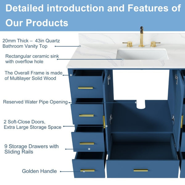 English Elm 42 Inch Bathroom Vanity with Carrara Quartz Top Nine Drawers and Gold Hardware Blue 3 Holes W2699S00133