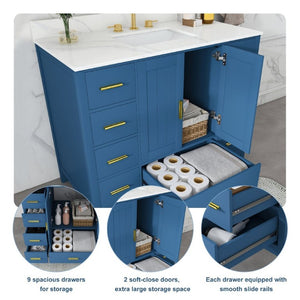 English Elm 42 Inch Bathroom Vanity with Carrara Quartz Top Nine Drawers and Gold Hardware Blue 3 Holes W2699S00133