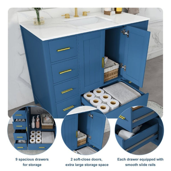 English Elm 42 Inch Bathroom Vanity with Carrara Quartz Top Nine Drawers and Gold Hardware Blue 3 Holes W2699S00133