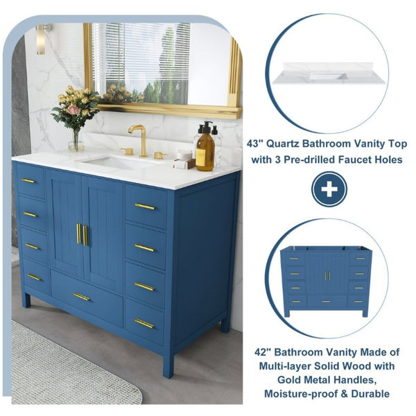 English Elm 42 Inch Bathroom Vanity with Carrara Quartz Top Nine Drawers and Gold Hardware Blue 3 Holes W2699S00133