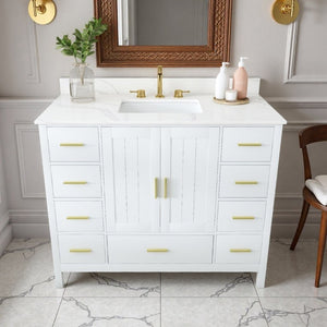 English Elm 42 Inch Bathroom Vanity with Carrara Quartz Top Nine Drawers and Gold Hardware White 3 Holes W2699S00134