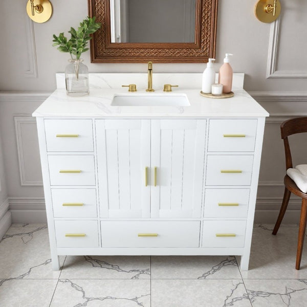 English Elm 42 Inch Bathroom Vanity with Carrara Quartz Top Nine Drawers and Gold Hardware White 3 Holes W2699S00134