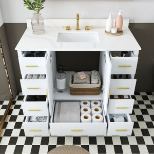 English Elm 42 Inch Bathroom Vanity with Carrara Quartz Top Nine Drawers and Gold Hardware White 3 Holes W2699S00134