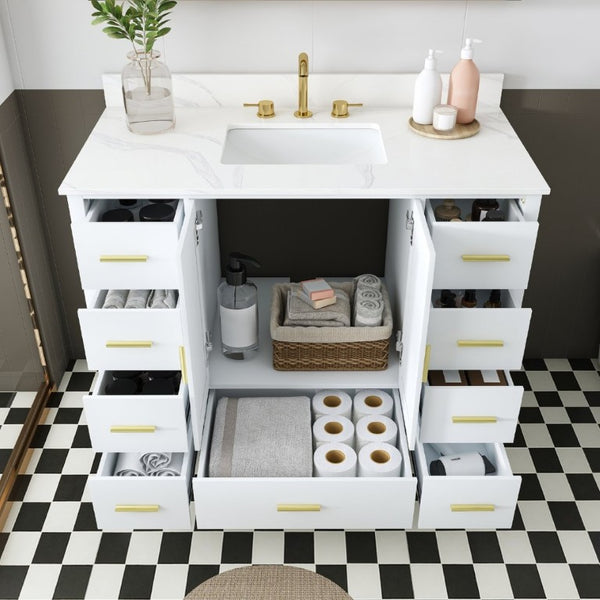 English Elm 42 Inch Bathroom Vanity with Carrara Quartz Top Nine Drawers and Gold Hardware White 3 Holes W2699S00134