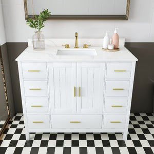 English Elm 42 Inch Bathroom Vanity with Carrara Quartz Top Nine Drawers and Gold Hardware White 3 Holes W2699S00134