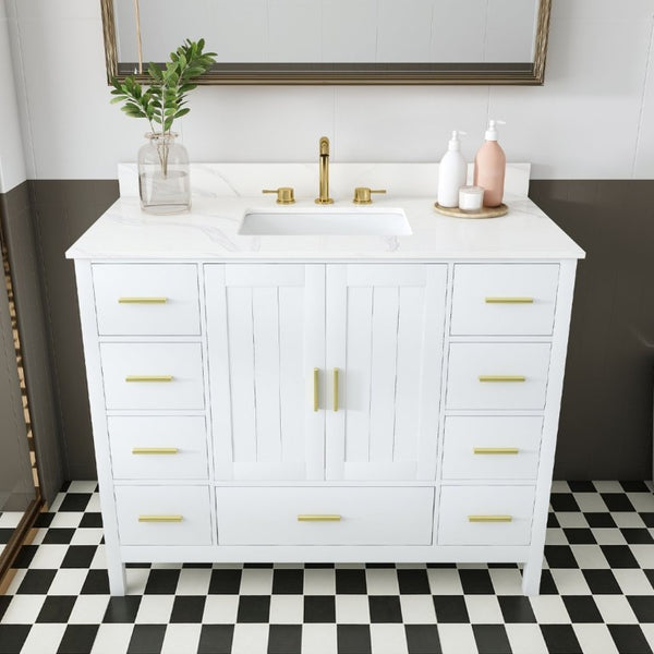 English Elm 42 Inch Bathroom Vanity with Carrara Quartz Top Nine Drawers and Gold Hardware White 3 Holes W2699S00134