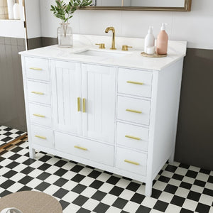 English Elm 42 Inch Bathroom Vanity with Carrara Quartz Top Nine Drawers and Gold Hardware White 3 Holes W2699S00134