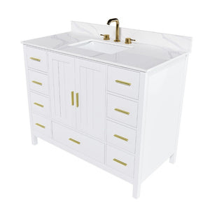 English Elm 42 Inch Bathroom Vanity with Carrara Quartz Top Nine Drawers and Gold Hardware White 3 Holes W2699S00134