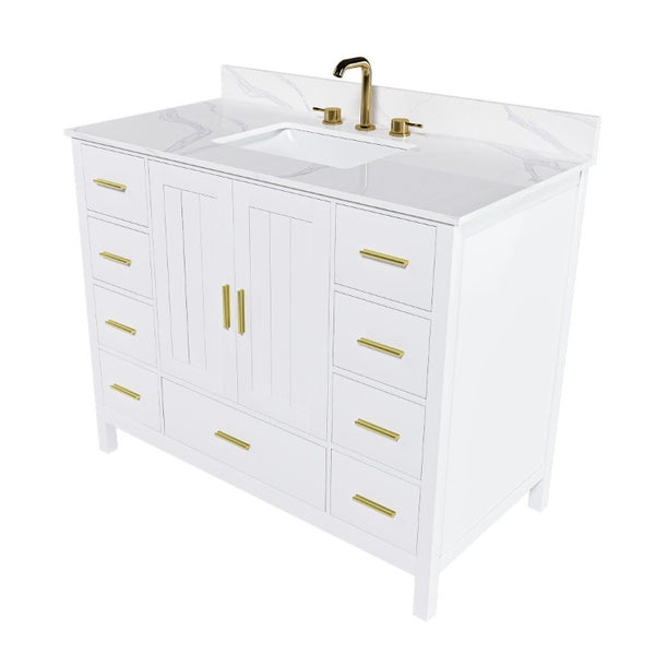 English Elm 42 Inch Bathroom Vanity with Carrara Quartz Top Nine Drawers and Gold Hardware White 3 Holes W2699S00134