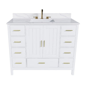 English Elm 42 Inch Bathroom Vanity with Carrara Quartz Top Nine Drawers and Gold Hardware White 3 Holes W2699S00134