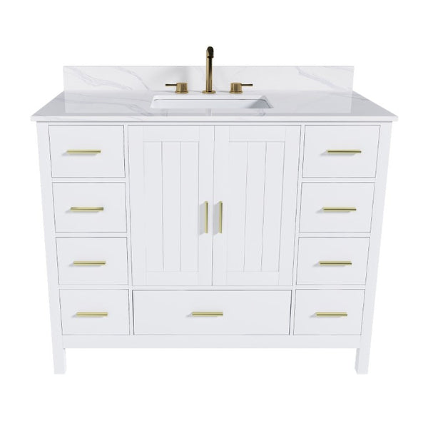 English Elm 42 Inch Bathroom Vanity with Carrara Quartz Top Nine Drawers and Gold Hardware White 3 Holes W2699S00134