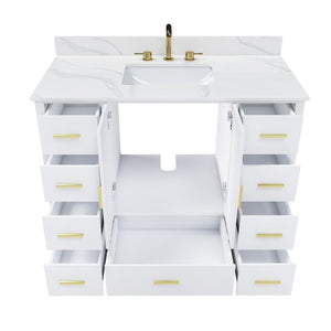 English Elm 42 Inch Bathroom Vanity with Carrara Quartz Top Nine Drawers and Gold Hardware White 3 Holes W2699S00134