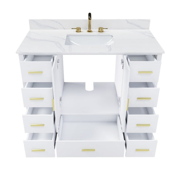 English Elm 42 Inch Bathroom Vanity with Carrara Quartz Top Nine Drawers and Gold Hardware White 3 Holes W2699S00134