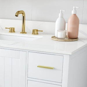 English Elm 42 Inch Bathroom Vanity with Carrara Quartz Top Nine Drawers and Gold Hardware White 3 Holes W2699S00134