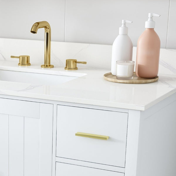 English Elm 42 Inch Bathroom Vanity with Carrara Quartz Top Nine Drawers and Gold Hardware White 3 Holes W2699S00134