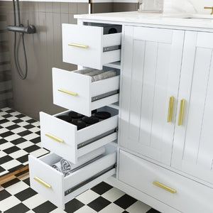 English Elm 42 Inch Bathroom Vanity with Carrara Quartz Top Nine Drawers and Gold Hardware White 3 Holes W2699S00134