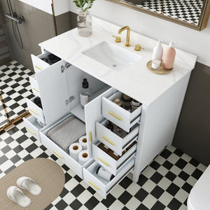 English Elm 42 Inch Bathroom Vanity with Carrara Quartz Top Nine Drawers and Gold Hardware White 3 Holes W2699S00134