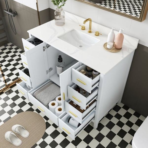 English Elm 42 Inch Bathroom Vanity with Carrara Quartz Top Nine Drawers and Gold Hardware White 3 Holes W2699S00134