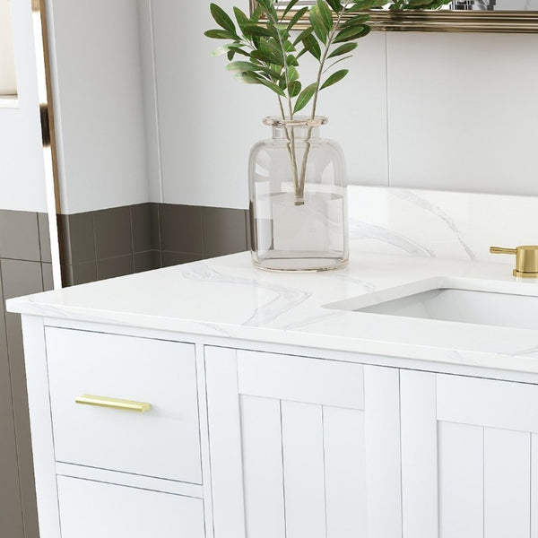 English Elm 42 Inch Bathroom Vanity with Carrara Quartz Top Nine Drawers and Gold Hardware White 3 Holes W2699S00134