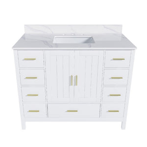 English Elm 42 Inch Bathroom Vanity with Carrara Quartz Top Nine Drawers and Gold Hardware White 3 Holes W2699S00134