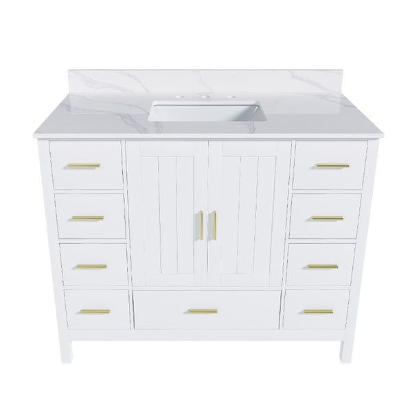 English Elm 42 Inch Bathroom Vanity with Carrara Quartz Top Nine Drawers and Gold Hardware White 3 Holes W2699S00134