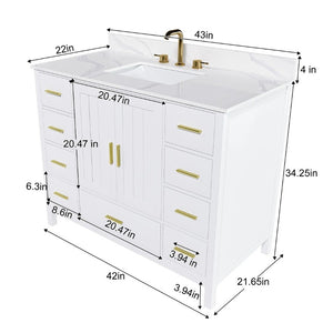 English Elm 42 Inch Bathroom Vanity with Carrara Quartz Top Nine Drawers and Gold Hardware White 3 Holes W2699S00134