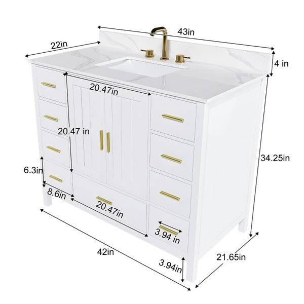 English Elm 42 Inch Bathroom Vanity with Carrara Quartz Top Nine Drawers and Gold Hardware White 3 Holes W2699S00134