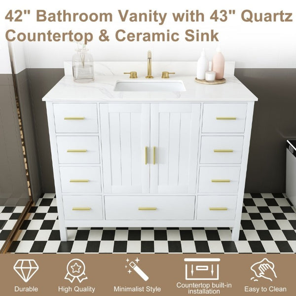 English Elm 42 Inch Bathroom Vanity with Carrara Quartz Top Nine Drawers and Gold Hardware White 3 Holes W2699S00134