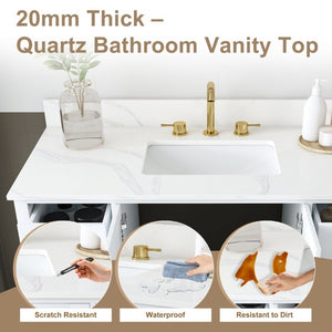 English Elm 42 Inch Bathroom Vanity with Carrara Quartz Top Nine Drawers and Gold Hardware White 3 Holes W2699S00134